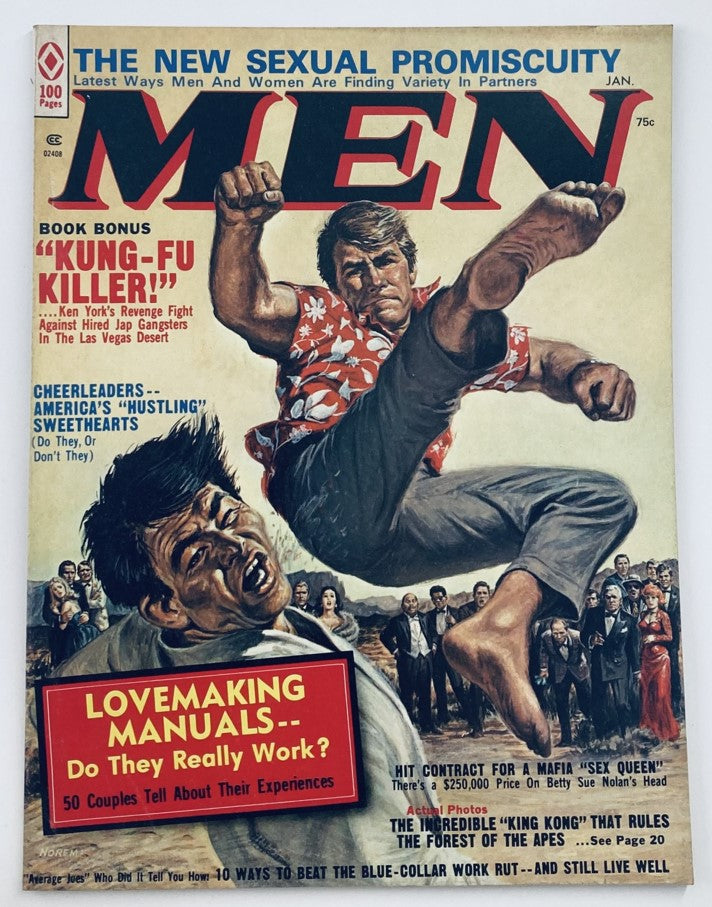 Cover of VTG Men Magazine January 1974 Vol 23 #1 featuring bold title 'Men', theme 'The New Sexual Promiscuity', with illustrations of dramatic action and headlines about kung-fu killers and lovemaking manuals.