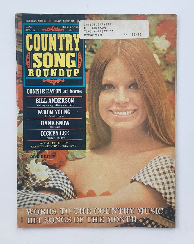 Country Song Roundup Magazine April 1972 featuring Connie Eaton on the cover, showcasing her at home with a vintage design and prominent feature articles on country music stars of the era.