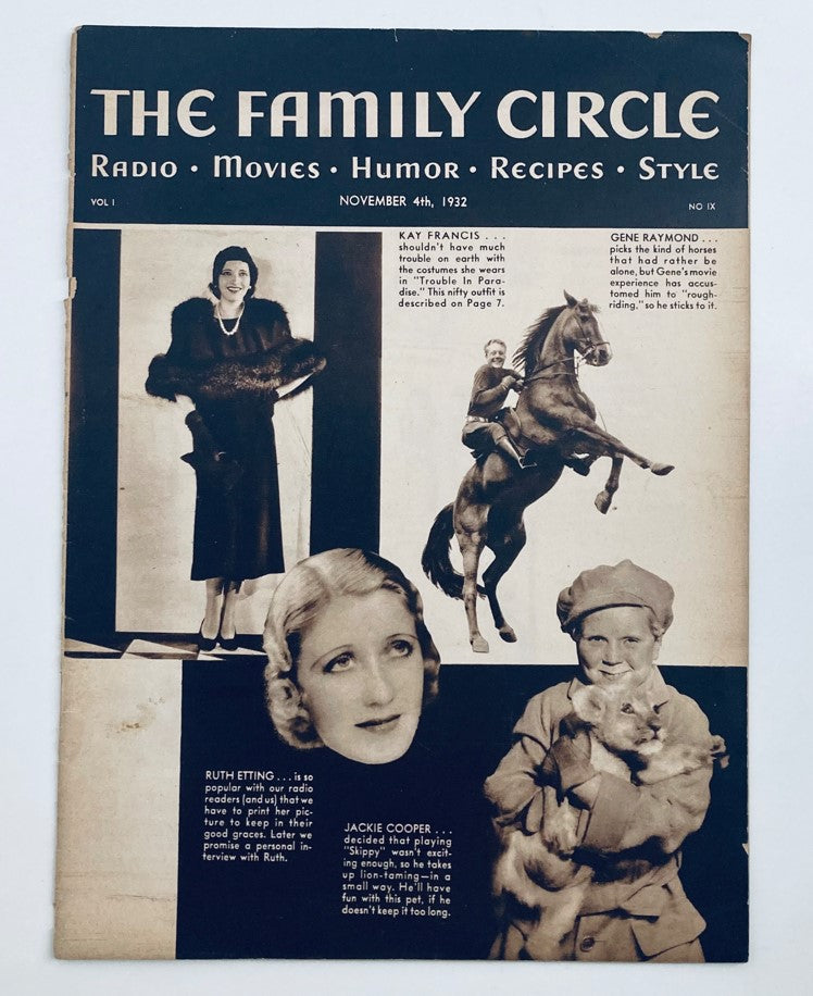 Cover of VTG The Family Circle Magazine November 4, 1932 featuring Kay Francis, Ruth Etting, and Jackie Cooper, showcasing vintage design and notable figures from the 1930s.