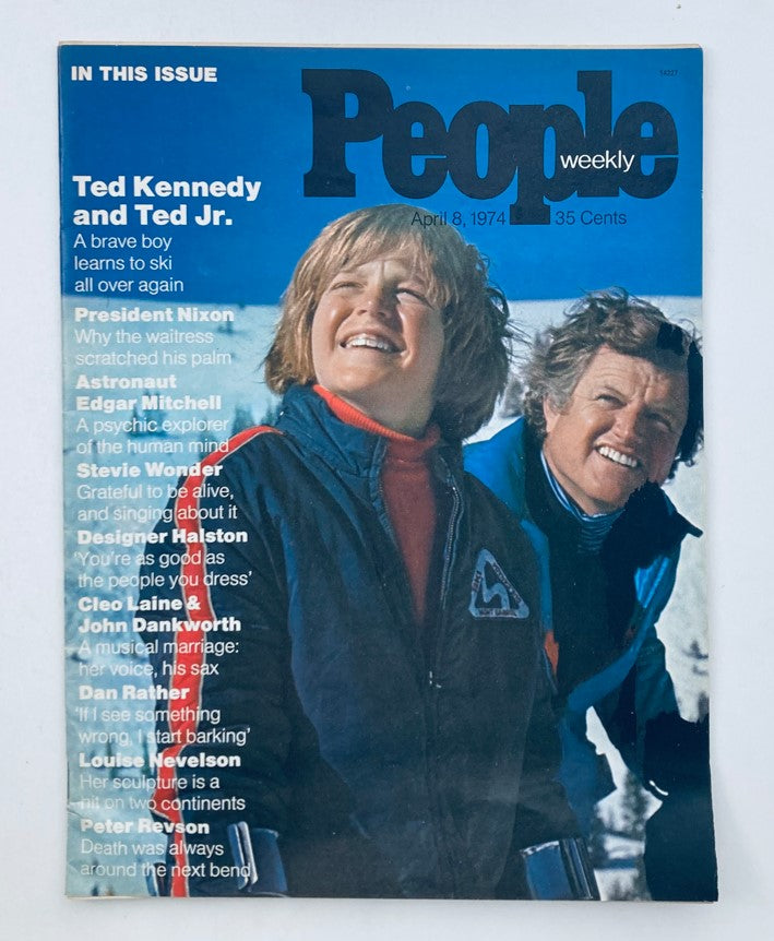Cover of VTG People Weekly Magazine from April 8, 1974 featuring Ted Kennedy and Ted Jr. smiling outdoors, with a headline about learning to ski. A collectible piece highlighting American political history.