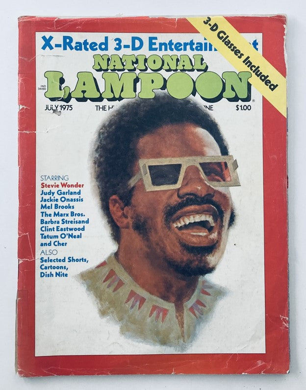 Cover of Vintage National Lampoon Magazine July 1975 featuring Stevie Wonder, Judy Garland, and announced 3-D entertainment with a humorous illustration.