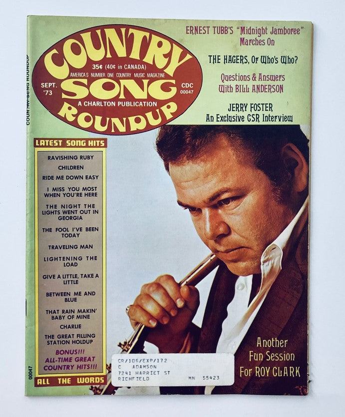 Cover of the VTG Country Song Roundup Magazine, September 1973, featuring an article about a fun session for Roy Clark and listing latest country song hits.
