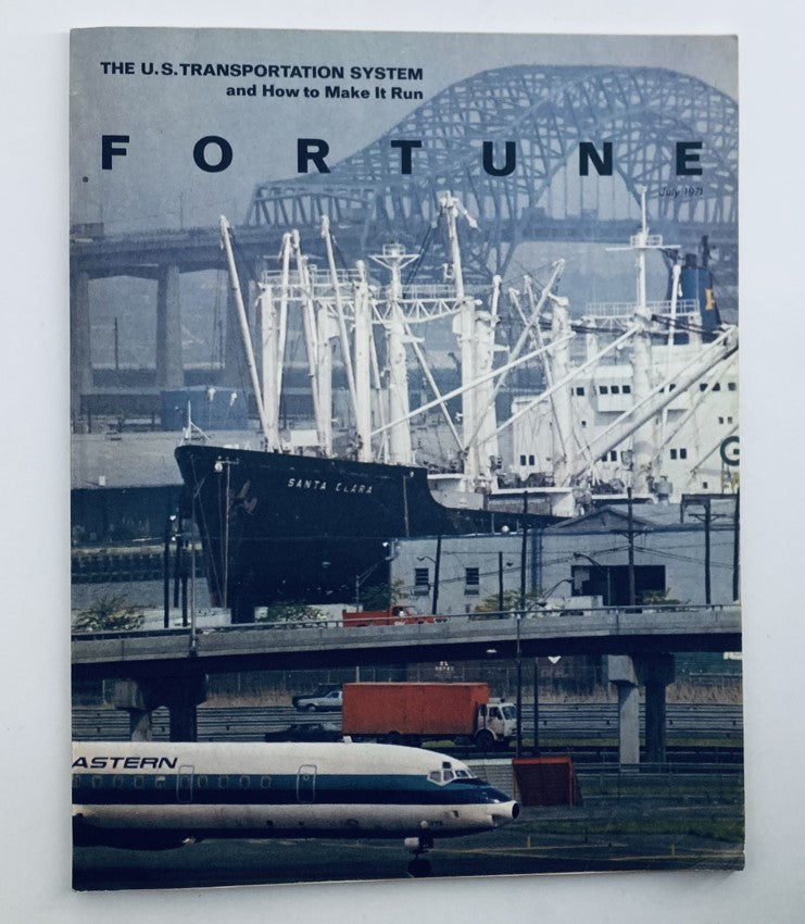 Vintage Fortune Magazine from July 1971 featuring the theme 'The U.S. Transportation System'. The cover showcases a blend of maritime and aviation elements, including a ship labeled 'SANTA CLARA', aircraft, and urban infrastructure, capturing the essence of transportation advancements in the early 1970s.