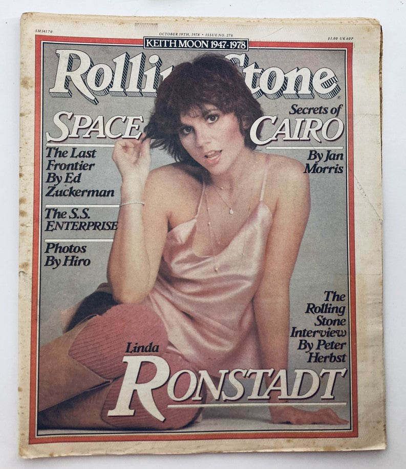 Cover of Rolling Stone Magazine October 19, 1978, Issue 276 featuring Linda Ronstadt in a pink dress, showcasing articles about music, including a tribute to Keith Moon.