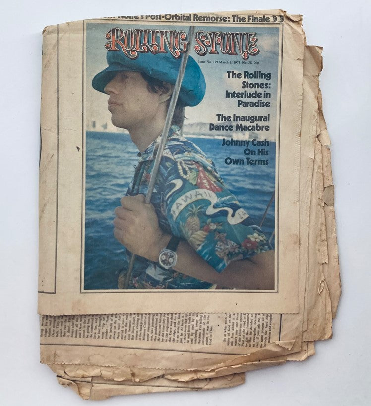 Vintage Rolling Stone Magazine March 1 1973 Issue 129 featuring cover story on Johnny Cash and articles about the Rolling Stones and cultural commentary from the early 1970s.