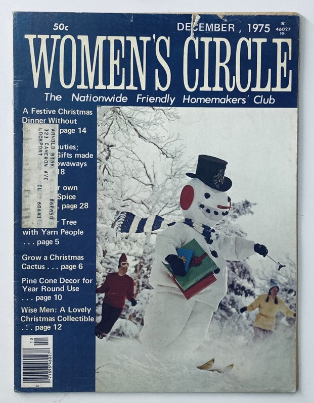 Vintage Women's Circle Magazine Cover from December 1975 featuring a snowman and festive themes, highlighting a Christmas dinner.