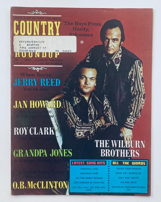 VTG Country Song Roundup Magazine August 1972 featuring The Wilburn Brothers on the cover, highlighting country music stars and song hits from the era.