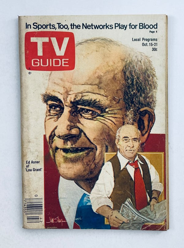TV Guide Magazine cover from October 15, 1977 featuring Ed Asner with the headline 'In Sports, Too, the Networks Play for Blood' and local programming details. This issue is notable for featuring Ed Asner of 'Lou Grant' and reflects classic television history.