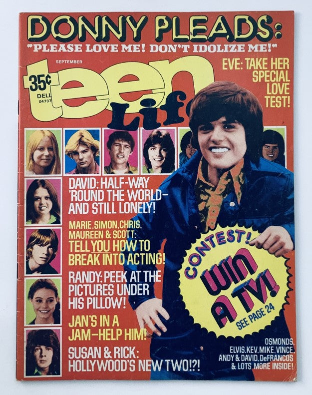 Vintage Teen Life Magazine September 1974 Vol 15 #1 featuring Donny Osmond on the cover, showcasing iconic teen culture, retro fashion, and nostalgia.