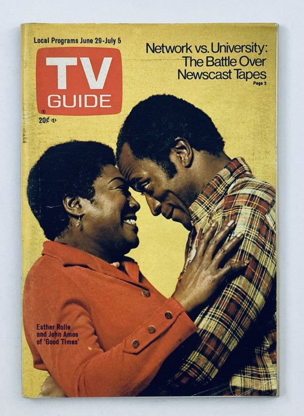 TV Guide Magazine cover from June 29, 1974 featuring Esther Rolle and John Amos from 'Good Times'. The cover discusses a feature on the conflict between networks and universities over newscast tapes.