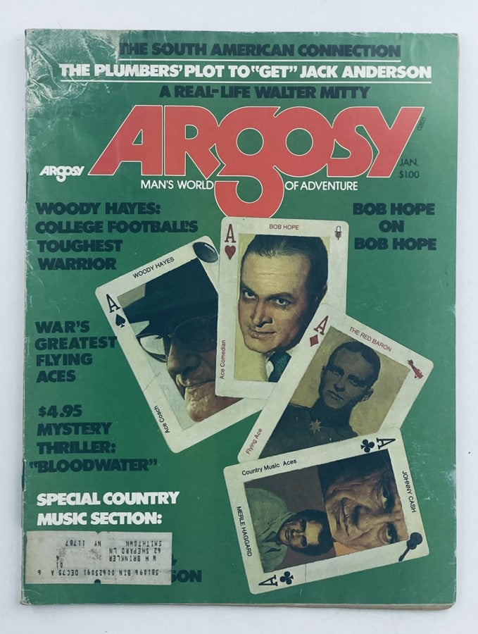 VTG Argosy Magazine January 1975 Vol 281 No. 1 featuring Bob Hope on the cover, showcasing various articles and imagery related to entertainment, including references to sports and country music.