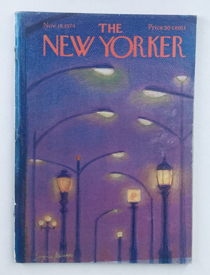 Cover of The New Yorker Magazine from November 18, 1974, featuring street lamps by Eugene M., showcasing the artistic style of the 1970s.