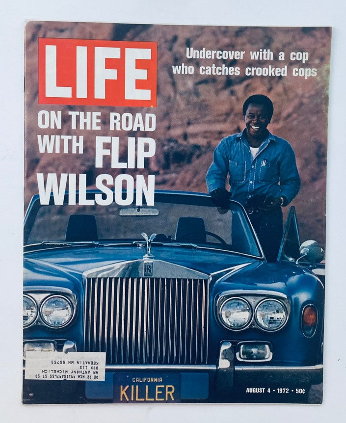 Cover of VTG Life Magazine August 4, 1972 featuring Flip Wilson, titled 'On the Road with Flip Wilson,' showcasing a scenic background and a Rolls Royce.