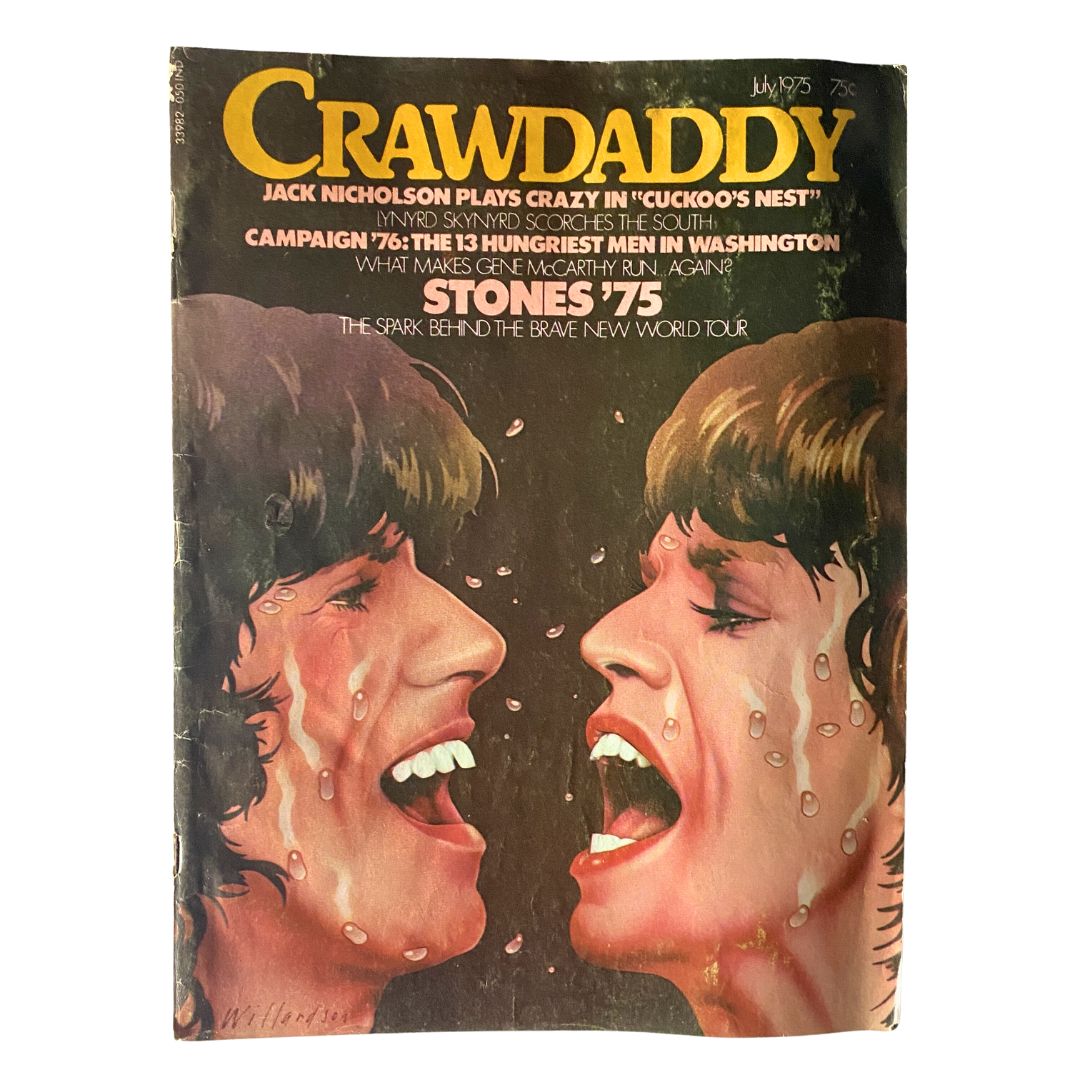 VTG Crawdaddy Magazine July 1975 cover featuring a dramatic illustration of two male faces expressing joy, representing The Rolling Stones and the vibrant music scene of the 1970s.