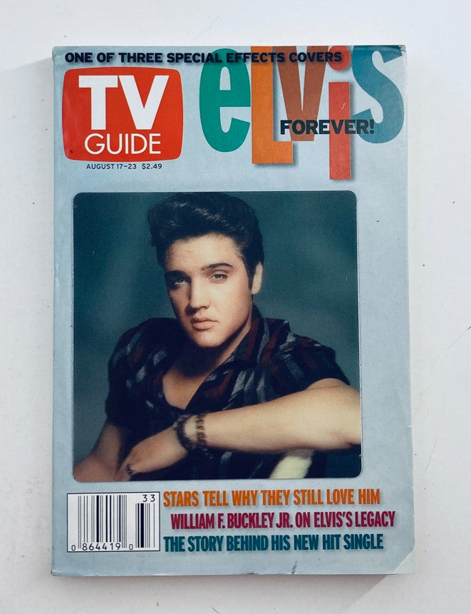 TV Guide Magazine August 17 2002 featuring Elvis Presley on the cover, showcasing the iconic star with headline 'Elvis Forever!' and price tag of $2.49.