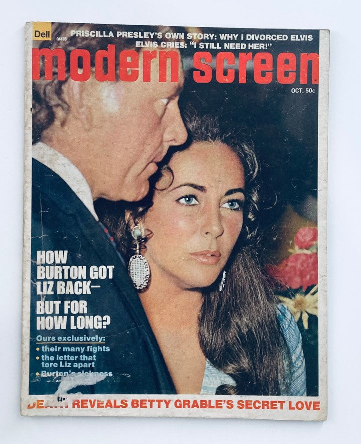 Cover of VTG Modern Screen Magazine October 1973 featuring Elizabeth Taylor and Richard Burton, showcasing captivating article headlines and a striking design.