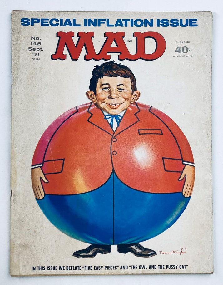 Mad Magazine September 1971 Issue No. 145 cover featuring a cartoon character resembling Alfred E. Neuman with a humorous portrayal of inflation, showcasing the theme 'SPECIAL INFLATION ISSUE'.