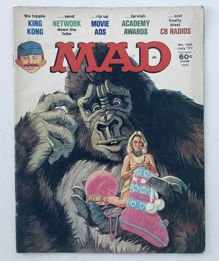 Cover of VTG Mad Magazine July 1977 No. 192 We Topple King Kong featuring a gorilla, a woman in a bikini, and humorous text related to King Kong.