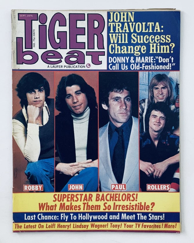 Tiger Beat Magazine September 1976 featuring John Travolta, Bay City Rollers, and cultural icons in vibrant pop culture design.
