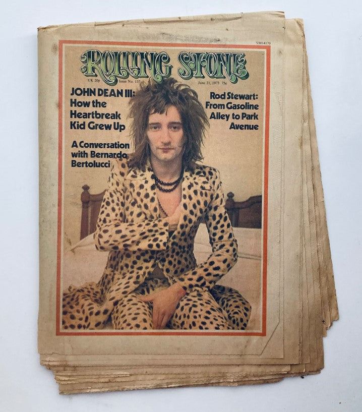 Rolling Stone Magazine June 21 1973 Issue 137 featuring Rod Stewart on the cover, showcasing his distinctive fashion and iconic hairstyle, a collectible piece from the early 70s music scene.