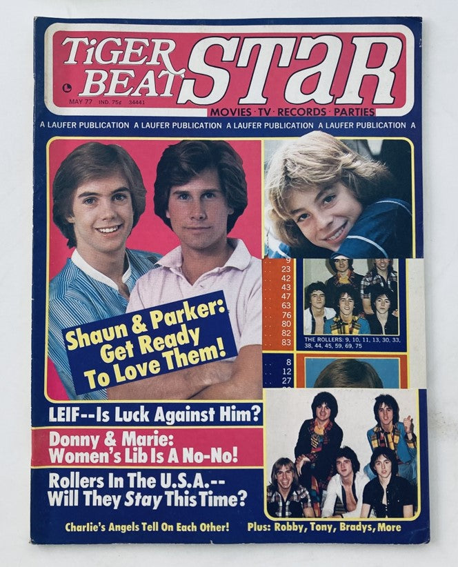 Tiger Beat Star Magazine May 1977 cover featuring Shaun Cassidy and Parker Stevenson, showcasing their iconic teenage appeal and capturing the cultural essence of 1970s pop music.