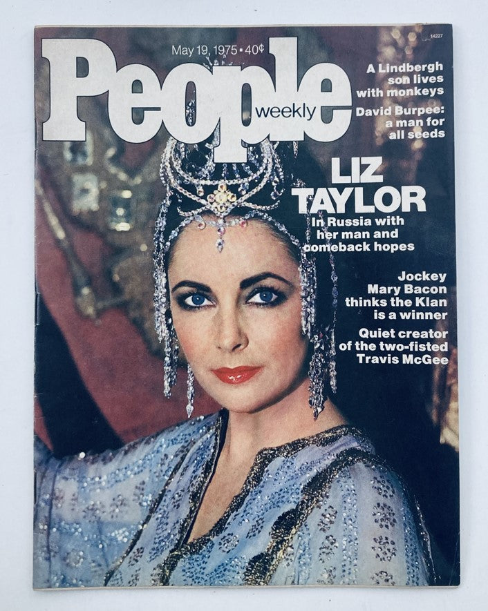 Cover of People Weekly Magazine from May 19, 1975, featuring Elizabeth Taylor adorned in dramatic attire, highlighting her cultural significance and beauty, a noteworthy collectible for vintage magazine enthusiasts.