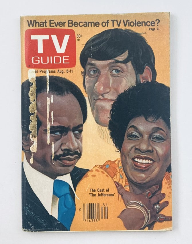 TV Guide Magazine August 5 1978 #1323 featuring an illustrated cover related to a discussion on TV violence, showcasing the cast of 'The Jeffersons' including prominent actors.