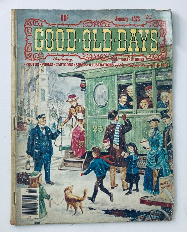 Cover of VTG Good Old Days Magazine January 1976, featuring winter scene with people interacting near a vintage streetcar.