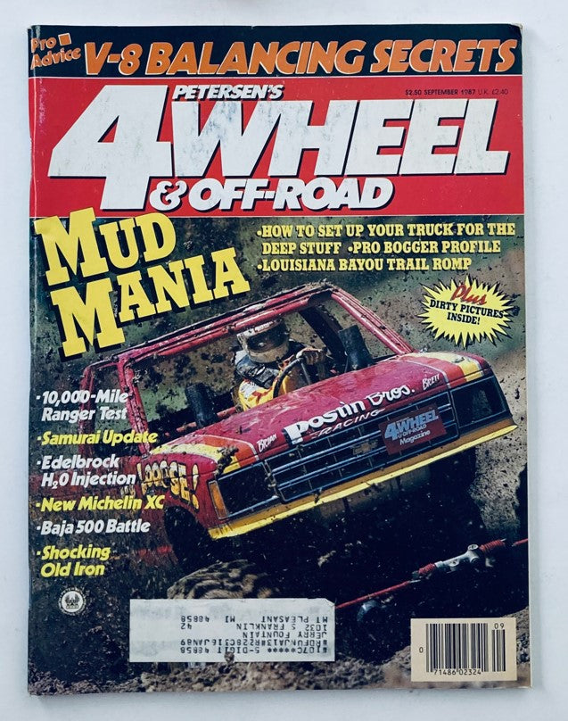 Cover of Petersen's 4 Wheel & Off-Road Magazine, September 1987, titled 'Mud Mania,' featuring a muddy off-road truck, highlighting articles on truck setup, Baja 500 Battle, and Pro Bogger Profile.
