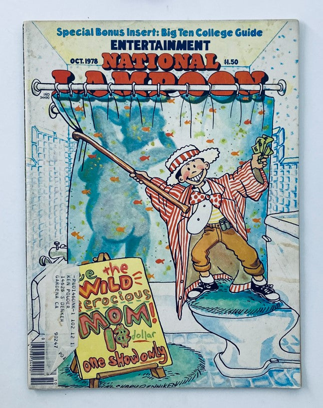 Cover of Vtg National Lampoon Magazine October 1978 Vol 2 #3 The Greatest Show on Earth featuring a clown in a colorful outfit holding money in a bathroom setting.