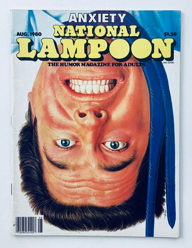 VTG National Lampoon Magazine August 1980 featuring a humorous cover illustration depicting a man with an exaggerated smile and anxious expression, themed around mental institutions.