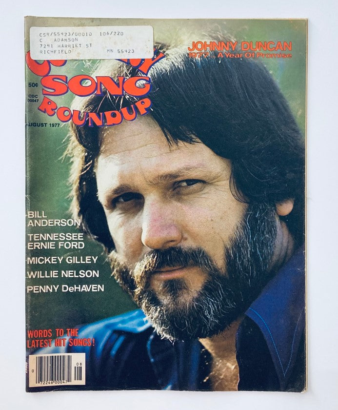 VTG Country Song Roundup Magazine cover from August 1977 featuring Johnny Duncan with features on Bill Anderson and other country music stars.