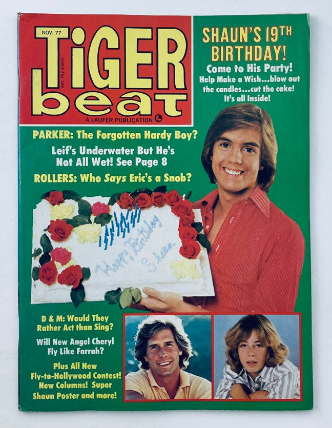 Tiger Beat Magazine November 1977 cover featuring a young man celebrating Shaun's birthday with a cake and flowers, highlights the Hardy Boys and Cheryl Ladd.
