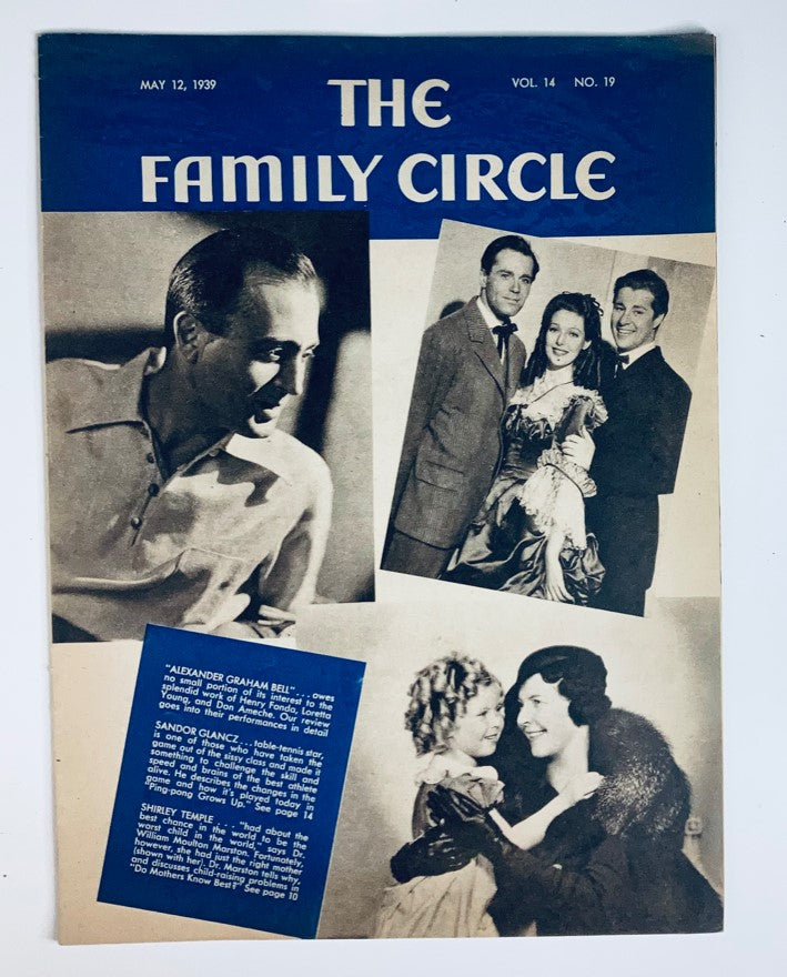 Cover of VTG The Family Circle Magazine from May 12, 1939 featuring Alexander Graham Bell, alongside images of actors and celebrities from the 1930s.