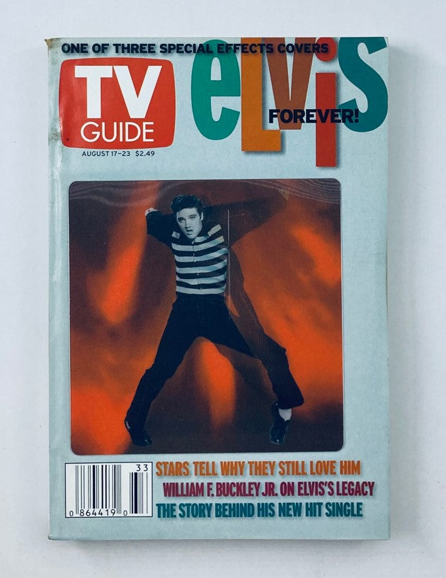 TV Guide Magazine August 17 2002 featuring Elvis Presley on the cover, showcasing a nostalgic tribute with the caption 'Elvis Forever.' The magazine is in pristine condition, highlighting its collectible value.