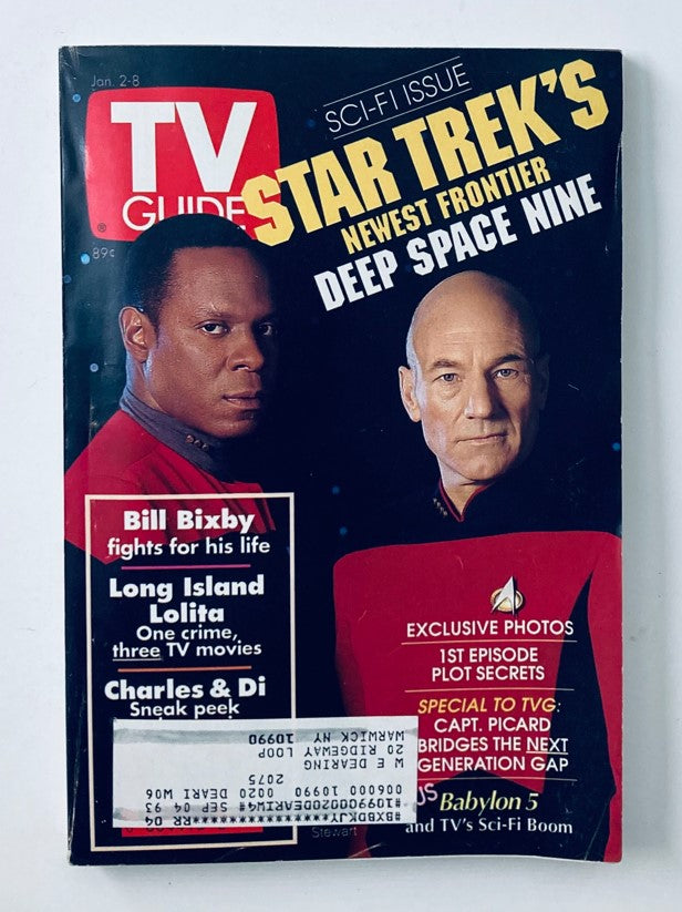 Cover of TV Guide Magazine January 2, 1993, featuring Avery Brooks and Patrick Stewart, highlighting 'Star Trek's Newest Frontier: Deep Space Nine'. This vintage magazine showcases iconic sci-fi elements and notable TV personalities.