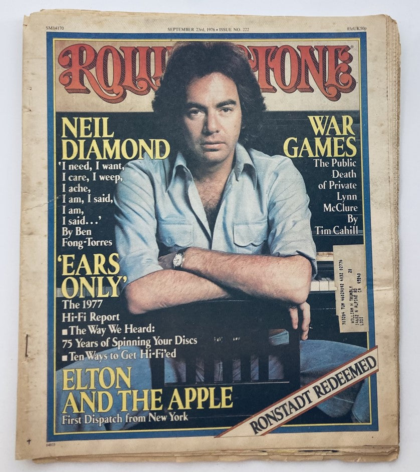 Rolling Stone Magazine cover from September 23, 1976, No. 222 featuring Neil Diamond, showcasing cultural insights from the 1970s music scene.