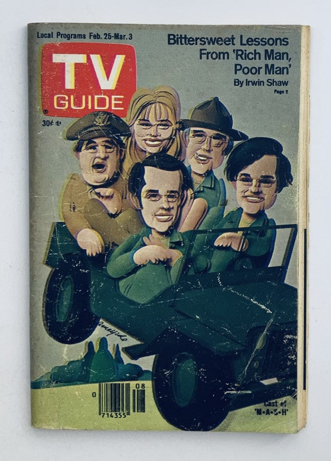 TV Guide Magazine February 25 1978, Issue #1300 featuring a colorful caricature of characters from 'Rich Man, Poor Man' and showcasing the show's local programs. This vintage magazine highlights television history with its unique cover design and preservation in excellent condition.