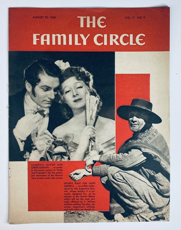 VTG The Family Circle Magazine August 30 1940 cover featuring Laurence Olivier and Greer Garson with bold red colors and iconic 1940s design.