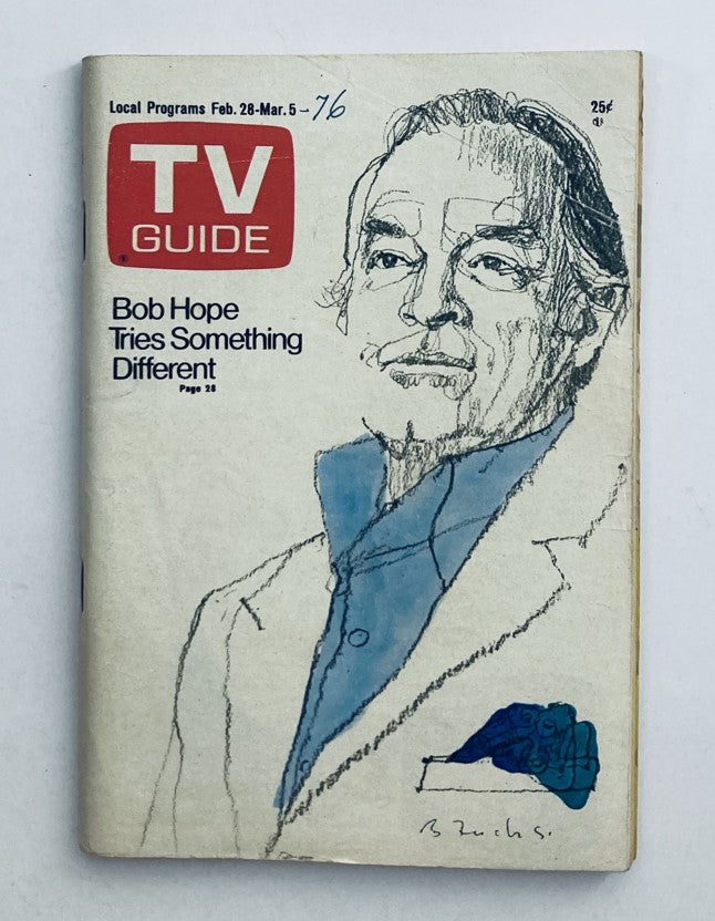 Cover of TV Guide Magazine February 28 1976 featuring Bob Hope with the headline 'Bob Hope Tries Something Different'. The magazine showcases an artistic illustration of Bob Hope, emphasizing its historic value as a collector's item.