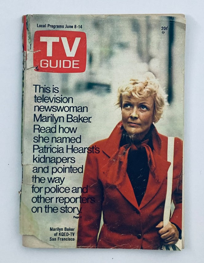 Cover of TV Guide Magazine June 8 1974 #1106 featuring television newswoman Marilyn Baker, discussing her role in naming Patricia Hearst's kidnappers.