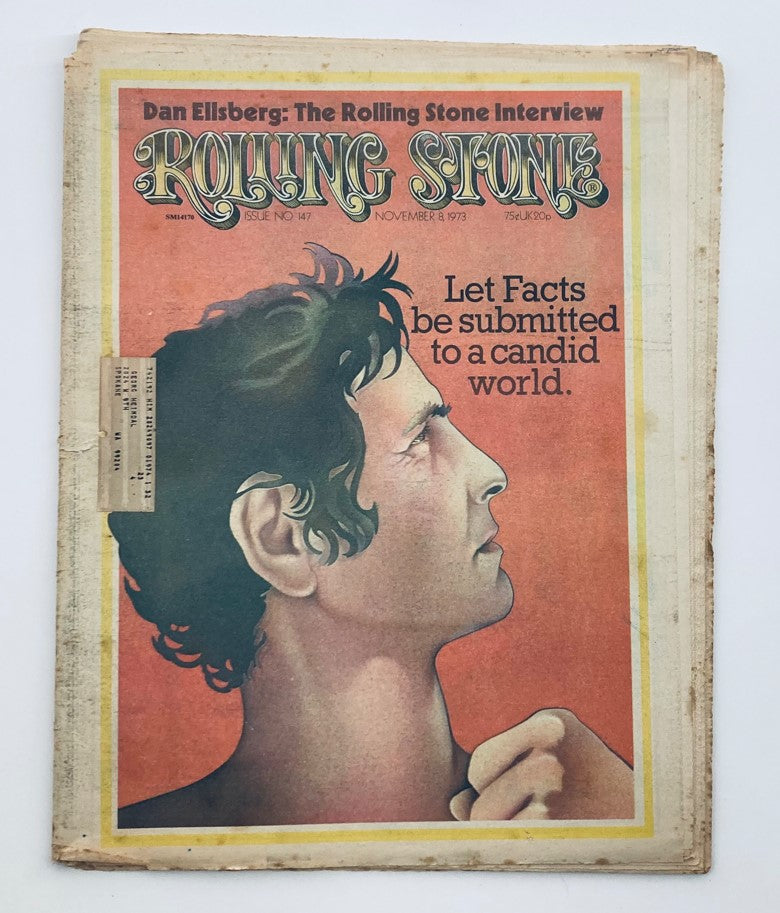 Cover of VTG Rolling Stone Magazine from November 8, 1973, Issue No. 147, featuring an illustration of Dan Ellsberg with the quote 'Let Facts be submitted to a candid world'.