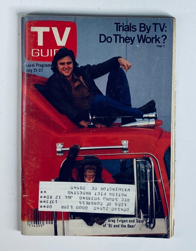 TV Guide Magazine cover from July 21, 1979, issue #1373 featuring Greg Evigan and Sam from the LA Metro edition, showcasing them on top of a vehicle with the headline 'Trials By TV: Do They Work?'.