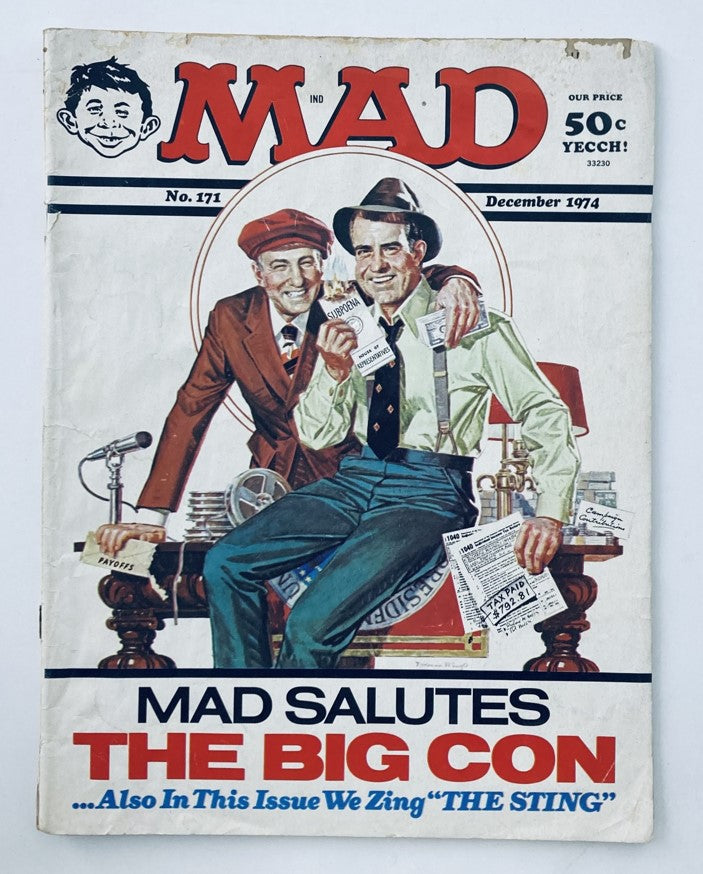 Vintage Mad Magazine December 1974 No. 171 Salutes The Big Con cover featuring two characters, one in a red hat and the other in a green shirt, surrounded by comedic props and money.