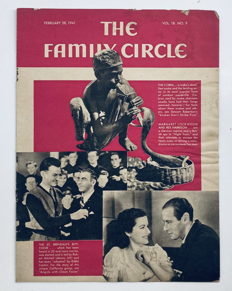 Cover of VTG The Family Circle Magazine, February 28, 1941, featuring St. Brendan's Boy Choir and various articles including a piece on snake charmers and a story about Margaret Lockwood and Rex Harrison.