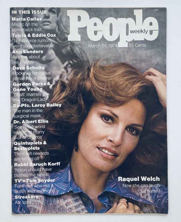 Cover of VTG People Weekly Magazine March 25 1974 Vol 1 No. 4 featuring Raquel Welch, showcasing her iconic beauty and style, along with notable articles from the issue.
