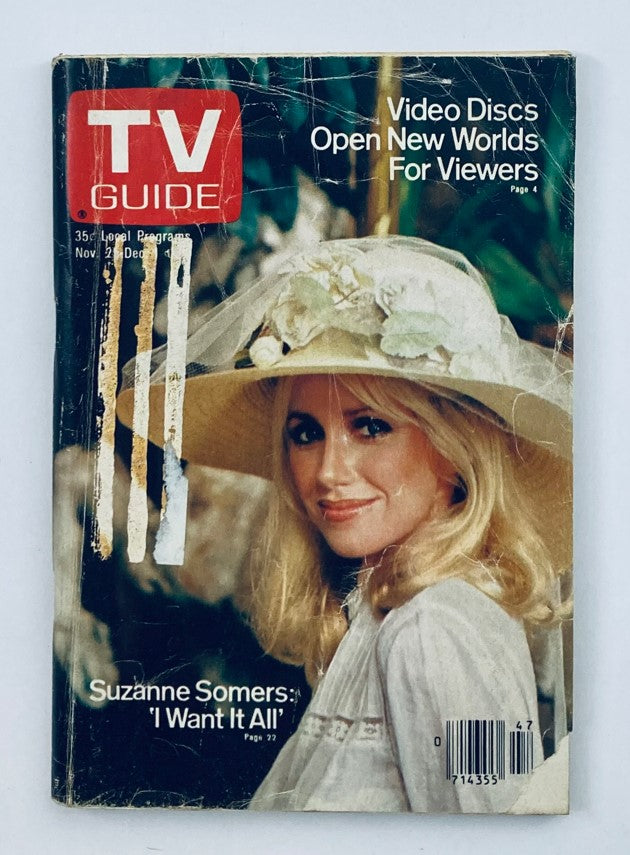 Cover of TV Guide Magazine from November 25, 1978, featuring Suzanne Somers, showcasing her wearing a wide-brimmed hat. This historic magazine highlights television programs from that era.