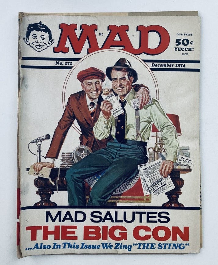 Cover of Mad Magazine December 1974 No. 171 featuring two men under the title 'MAD SALUTES THE BIG CON' with the subtitle 'Also In This Issue We Zing THE STING'. Vintage comic magazine cover showcasing classic satire.
