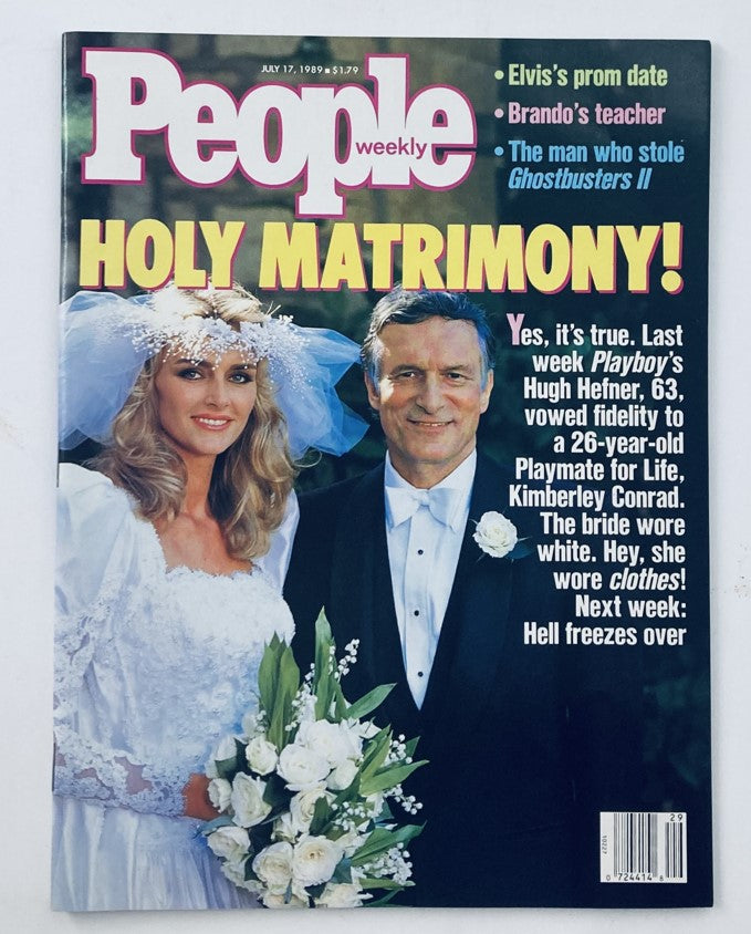 People Weekly Magazine July 17, 1989, featuring Hugh Hefner and Kim Conrad on the cover, titled 'Holy Matrimony!' highlighting significant pop culture moments of the late 1980s.