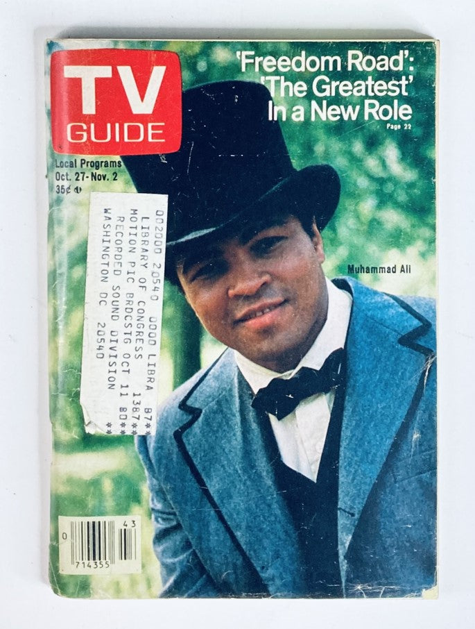 Cover of TV Guide Magazine from October 27, 1979, featuring Muhammad Ali in a stylish blue suit and bowtie, showcasing 'Freedom Road: The Greatest' in a New Role. This vintage magazine is a collectible piece reflecting the entertainment and sports culture of the late 1970s.